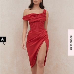 House of CB LULU 
RED ASYMMETRIC DRAPE MIDI CORSET DRESS
